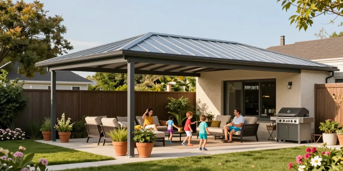 Terrassenüberdachungen mit modernem Aluminiumdach, Familienaktivitäten im Garten.