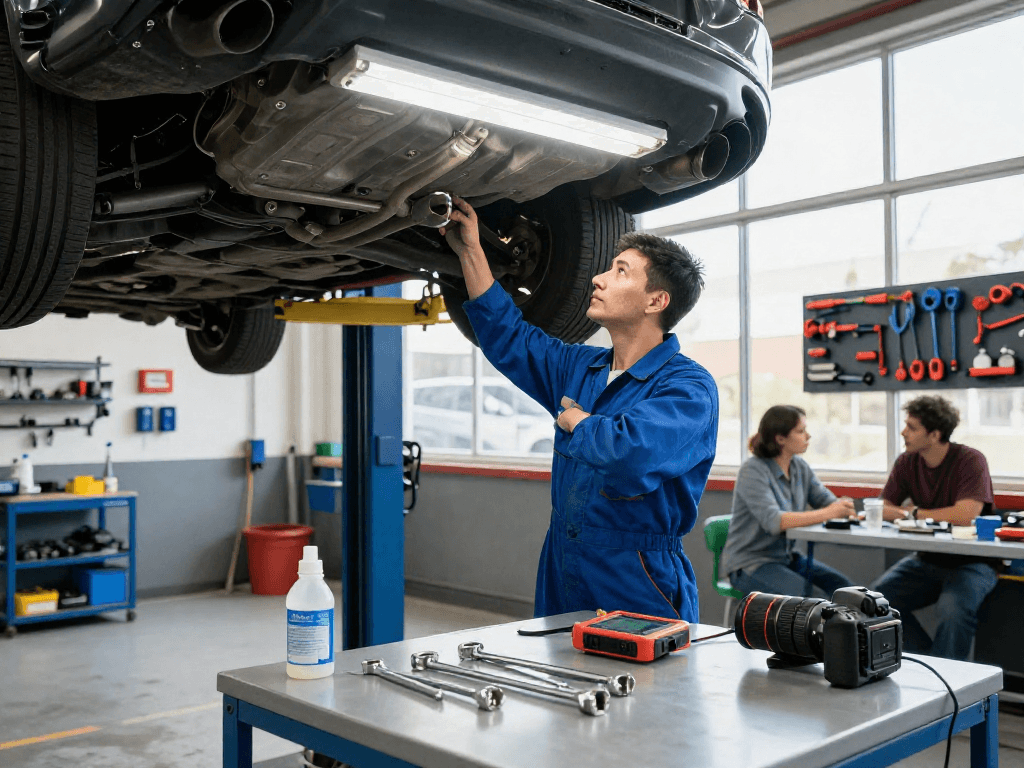Mechaniker erklärt das DPF reinigen in einer modernen Werkstatt.