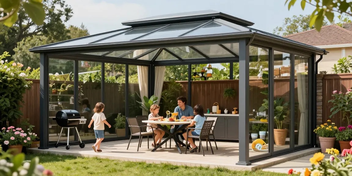 Schöne freistehende Terrassenüberdachung mit Familie im Garten, die einen sonnigen Tag genießen.