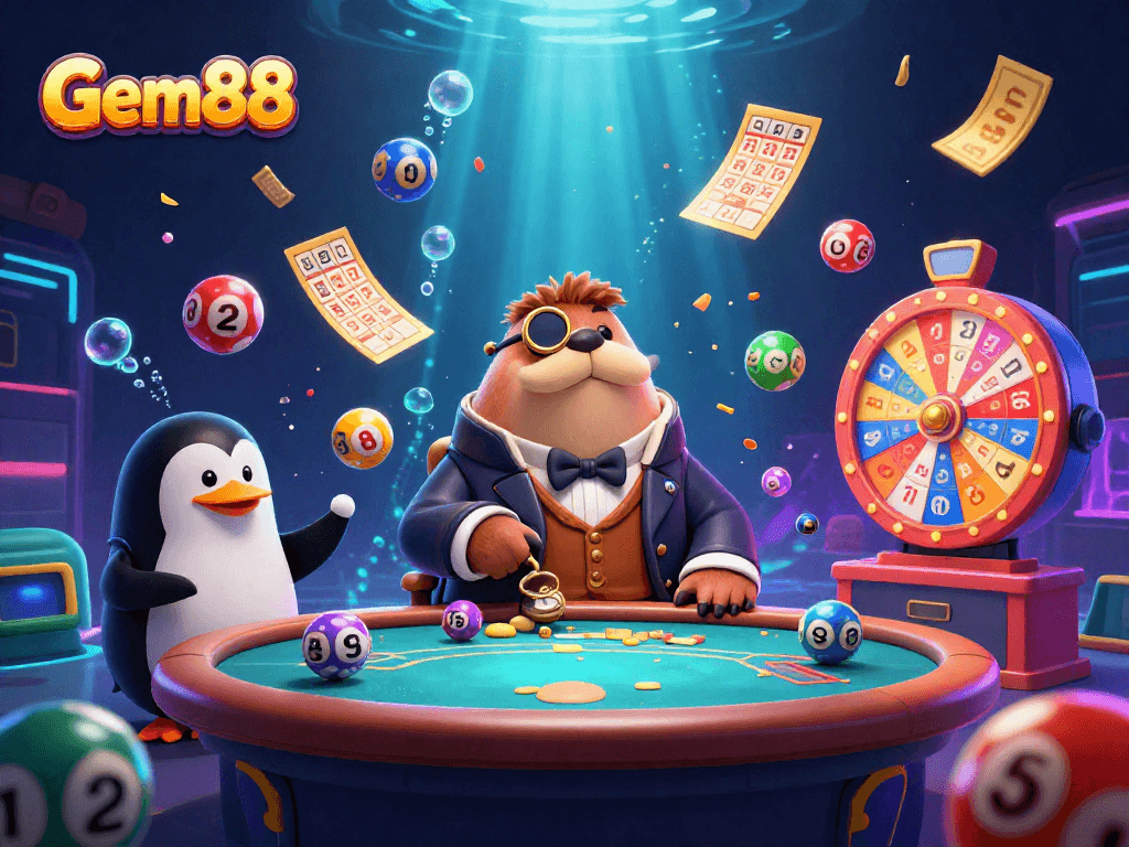 Engage in thrilling games at Gem88 with a lively underwater poker showdown featuring a walrus, penguin, and pufferfish.