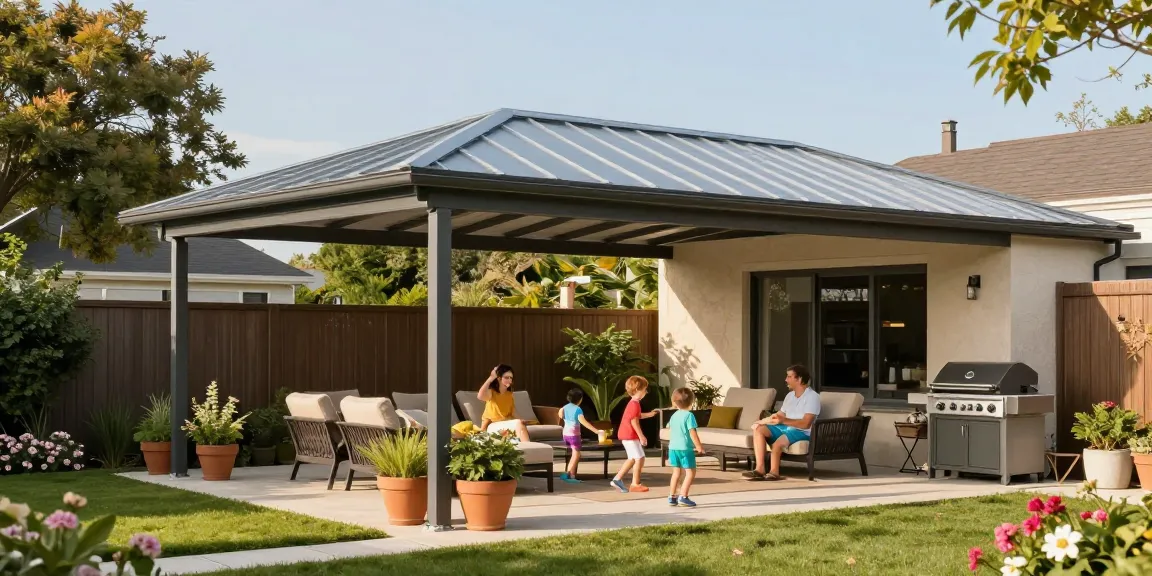 Terrassenüberdachungen mit modernem Aluminiumdach, Familienaktivitäten im Garten.