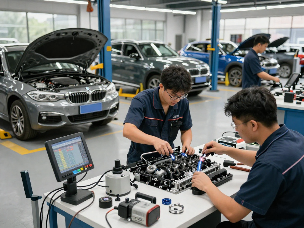 Chiptuning Hannover: Experten überprüfen BMW Fahrzeug im modernen Werkstatt-Setting.