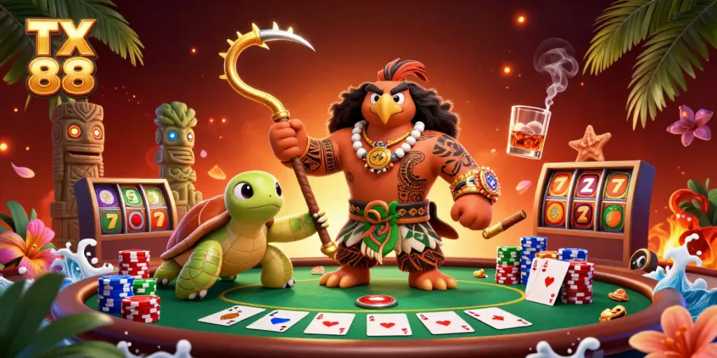 Play poker and slots at TX 88 casino with vibrant characters and dynamic game elements.