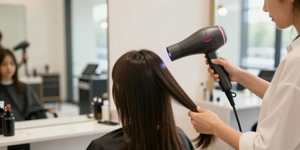 Ionen Haartrockner im Einsatz in einem modernen Schönheitssalon, der gesundes, glänzendes Haar zeigt.