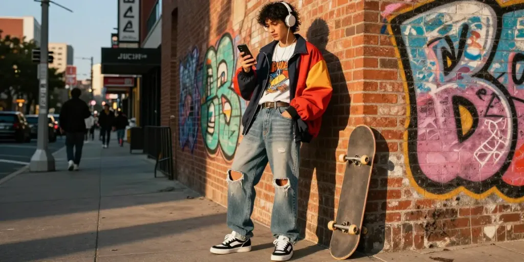 Rokok88 apparel showcased by a confident individual in urban street fashion against vibrant graffiti.