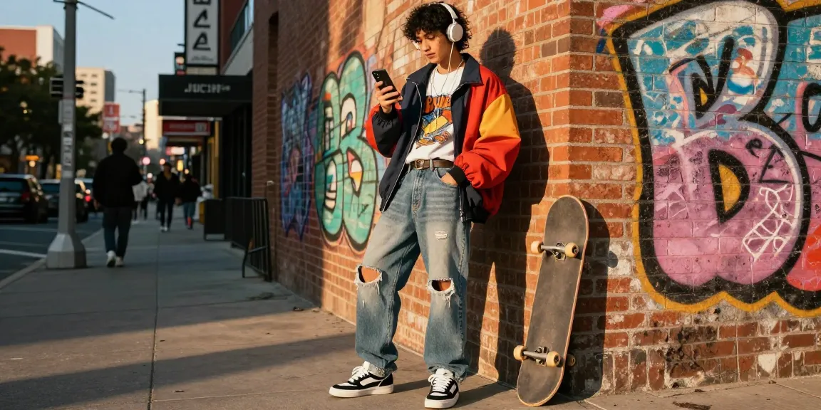 Rokok88 apparel showcased by a confident individual in urban street fashion against vibrant graffiti.