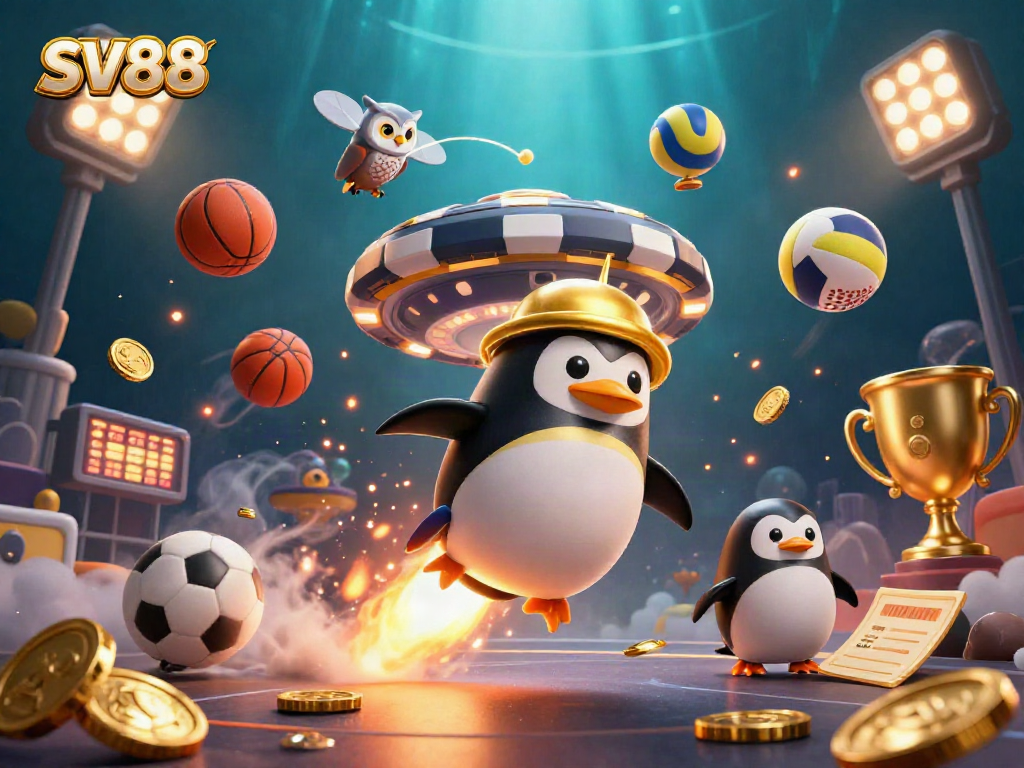 Experience the excitement of SV88 Casino with dynamic sports elements and a playful golden penguin.