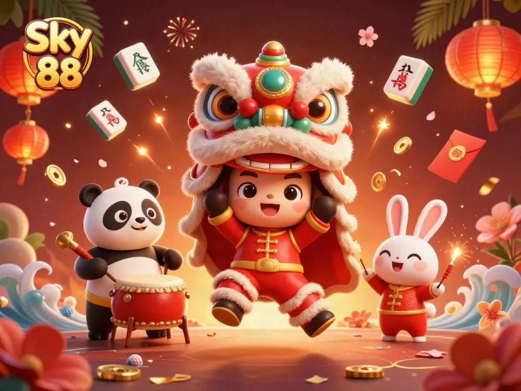 Engage with Sky 88's vibrant casino experience, featuring dynamic Asian-themed celebrations and games.