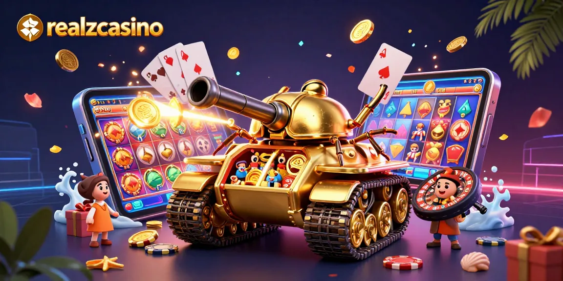 Realzcasino bietet spannenden Spielspaß mit einem einzigartigen Casino-Erlebnis auf einem goldenen Panzer.