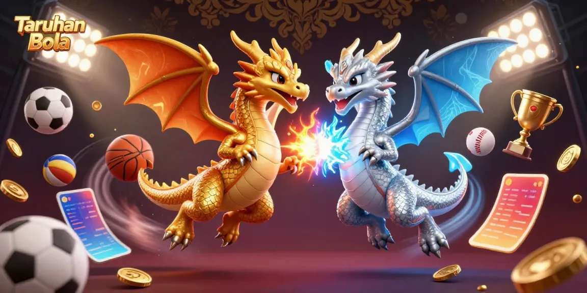 Experience dynamic Taruhan Bola action with intertwined dragons and vibrant sports elements.