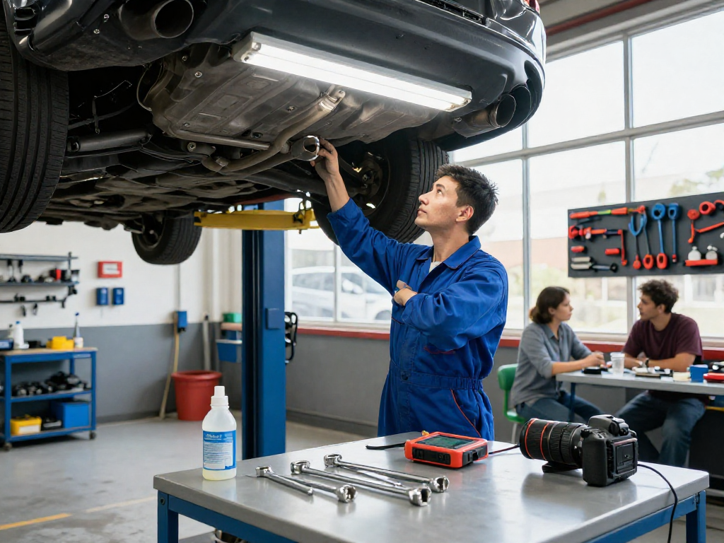 Mechaniker erklärt das DPF reinigen in einer modernen Werkstatt.