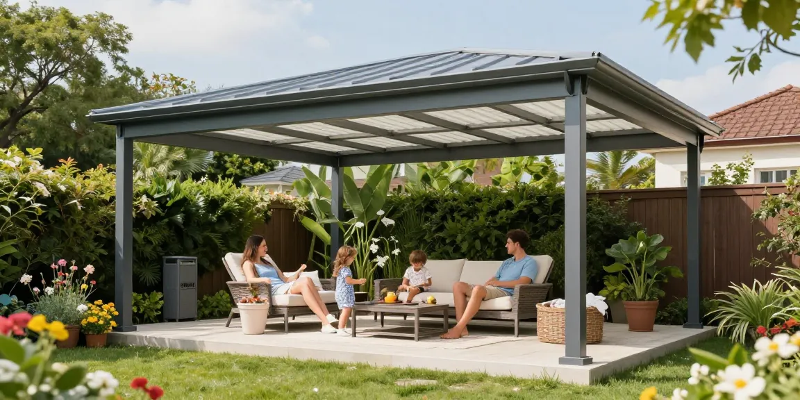 Elegante freistehende Terrassenüberdachung in einem sonnigen Garten mit spielenden Kindern und entspannten Eltern.