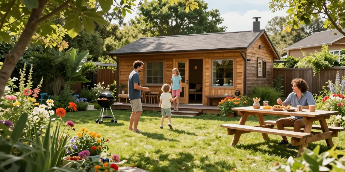 Gartenhaus mit Familie im Garten, umgeben von blühenden Pflanzen und sonniger Atmosphäre.