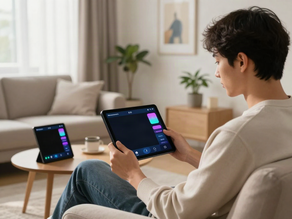 Free AI sex chat interaction on a smartphone in a cozy living room.