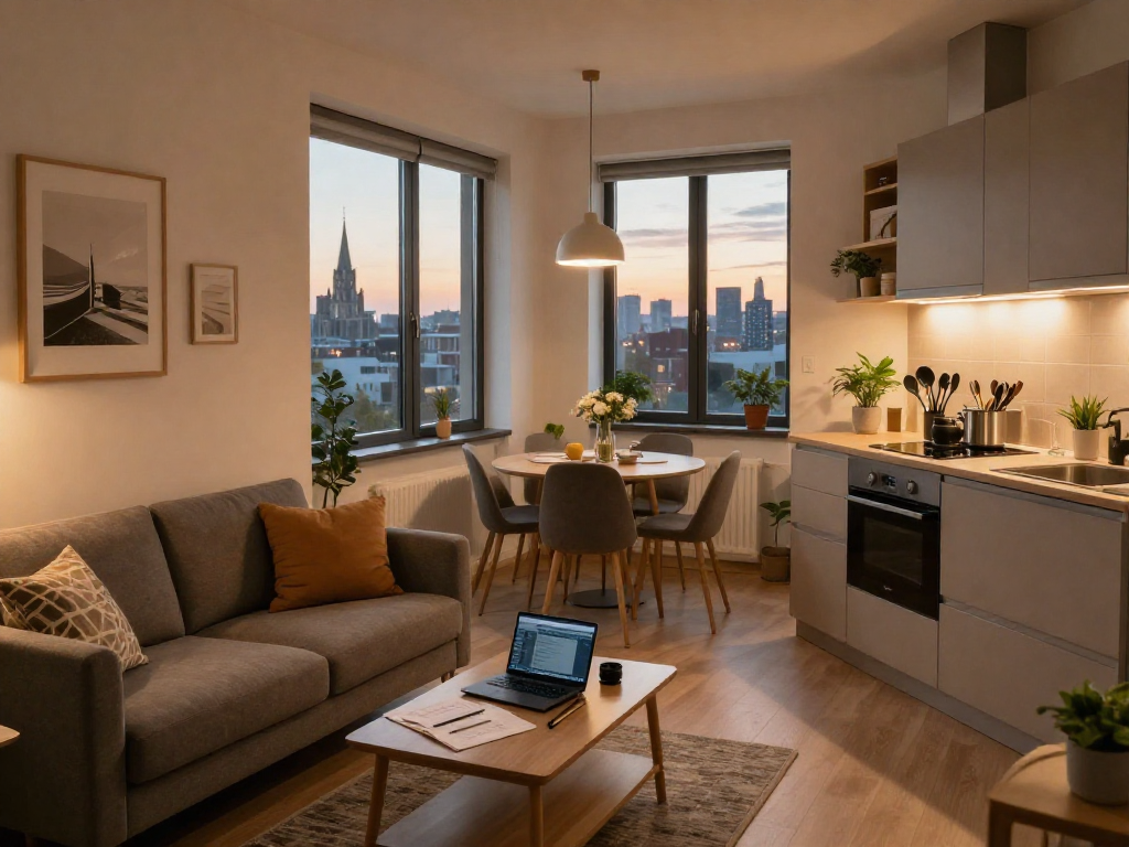 Gemütliche Monteurwohnung in Hannover mit modernem Dekor und voll ausgestatteter Küche.