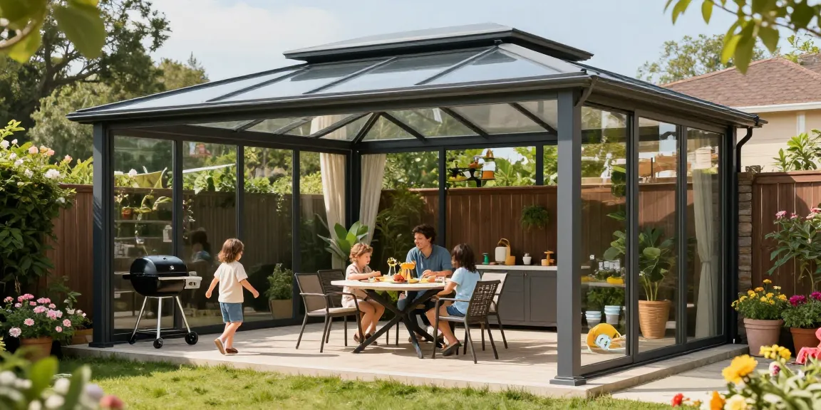 Schöne freistehende Terrassenüberdachung mit Familie im Garten, die einen sonnigen Tag genießen.