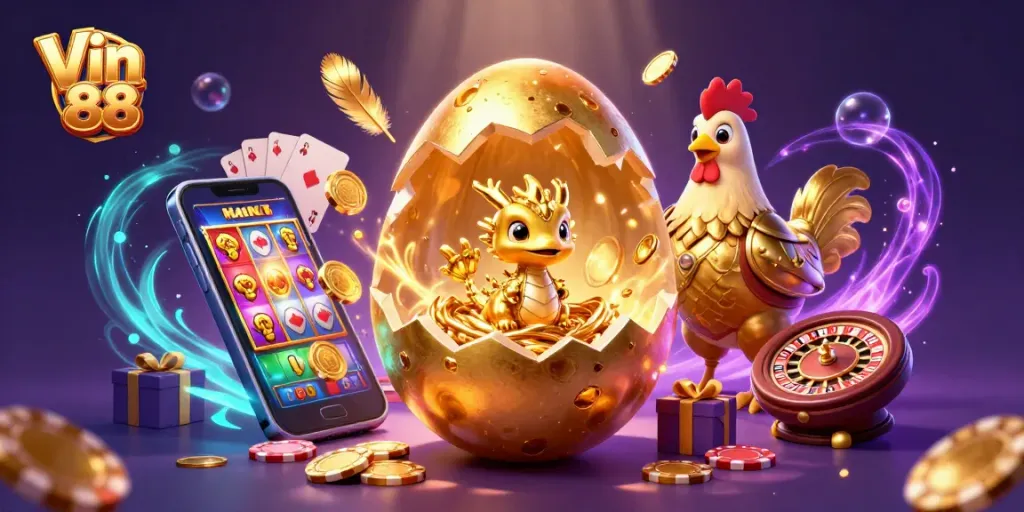 Experience captivating gameplay with Vin 88 as golden treasures emerge from a magical scene of casino excitement.