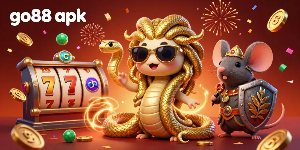 Win big with go88 apk in this vibrant 3D casino scene featuring Medusa and a warrior mouse.