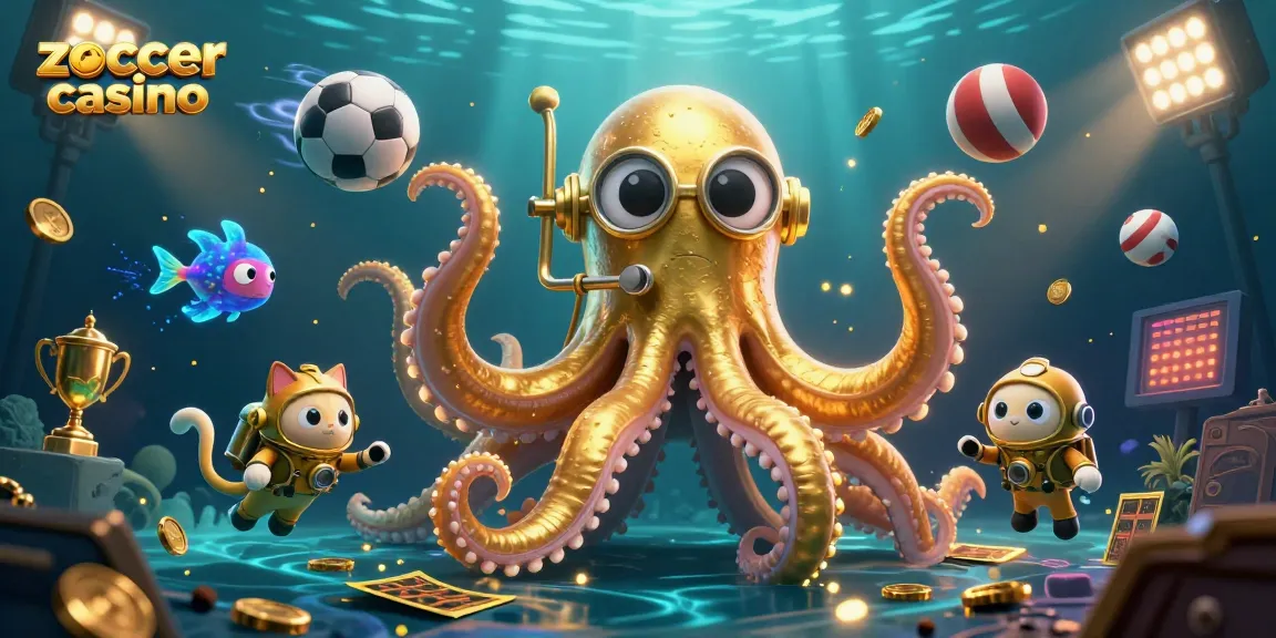 Zoccer casino features a vibrant 3D scene with a kraken, diving cat, and rich sports elements.
