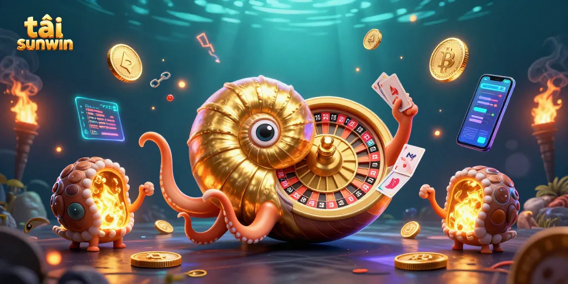 Engage with the thrilling world of tải sunwin, featuring a giant nautilus and glowing crypto elements.